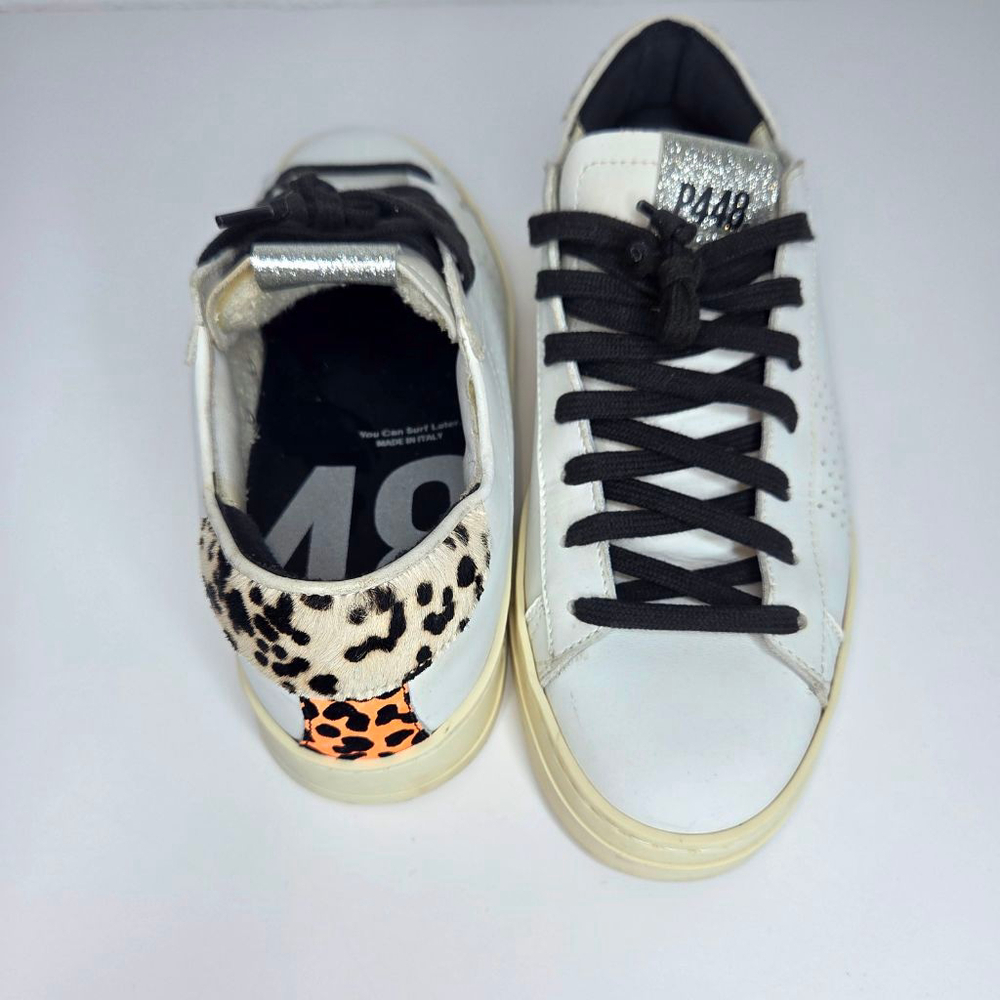 P448 John Low Top Sneakers White Animal Print Neon Women's Size 39 US 8.5